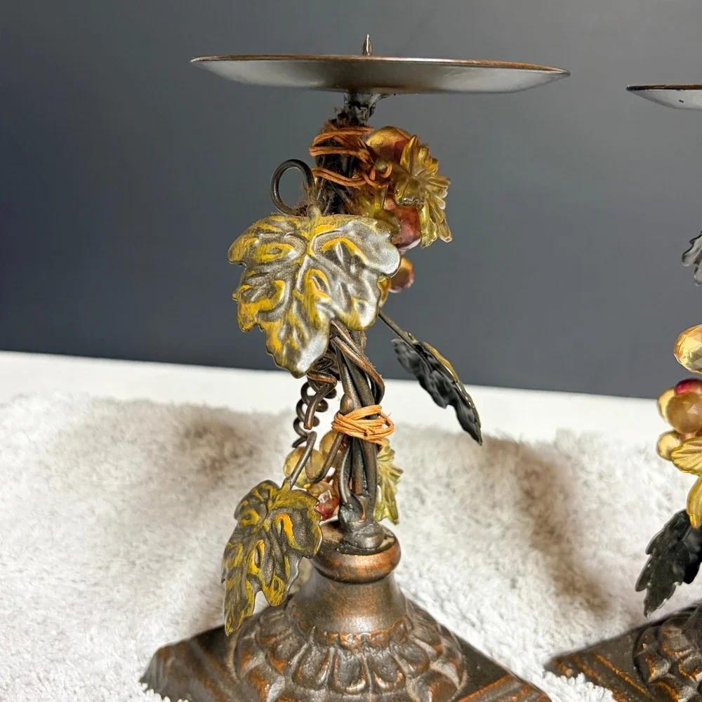 Vtg Tuscan Style Metal Grapevine Pillar‎ Candle Holders Set of 2 Bronze Finish